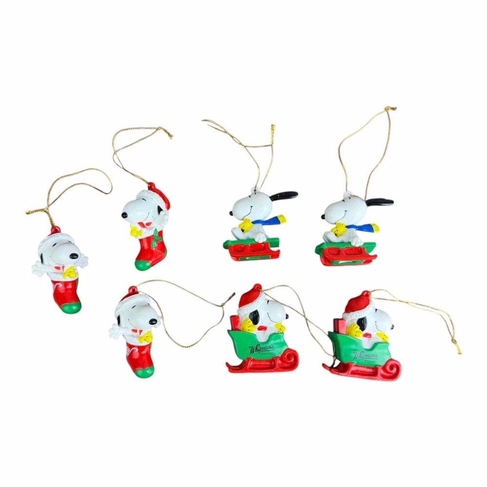 Vintage Peanuts Snoopy Woodstock Christmas Ornaments Lot of 7 Whitman Sled Gifts